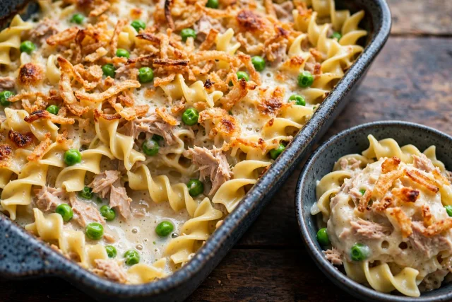 Tuna noodle casserole with peas and crispy onion topping