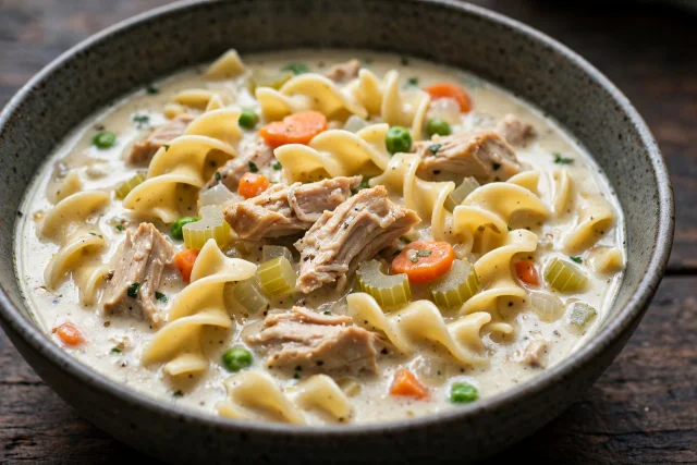 Turkey noodle soup with egg noodles and vegetables
