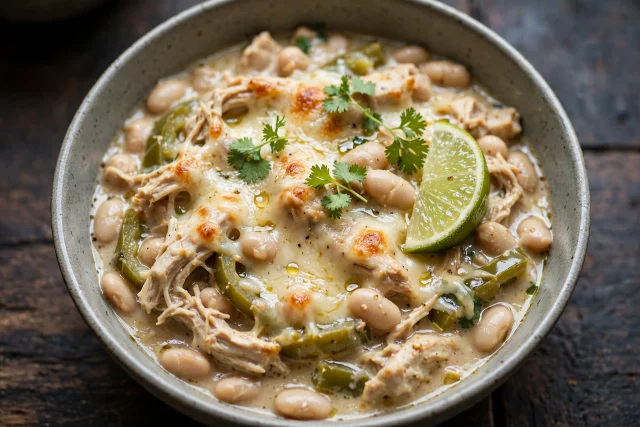 White chicken chili with white beans and green chiles topped with cheese
