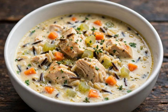 Creamy chicken and wild rice soup with carrots and celery in a deep bowl