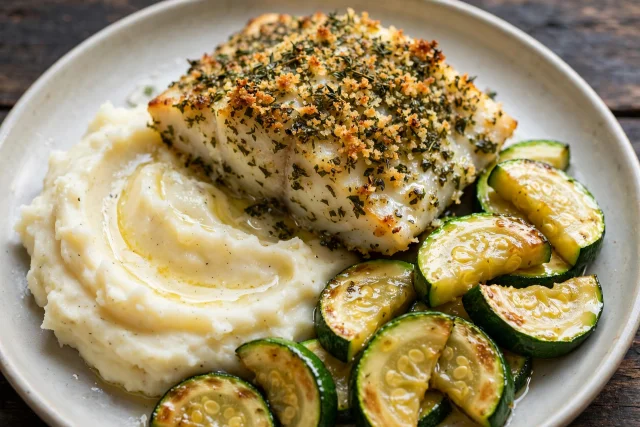Herb-crusted baked cod with mashed potatoes and buttered zucchini