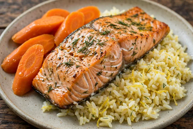Dill baked salmon with lemon rice and steamed carrots