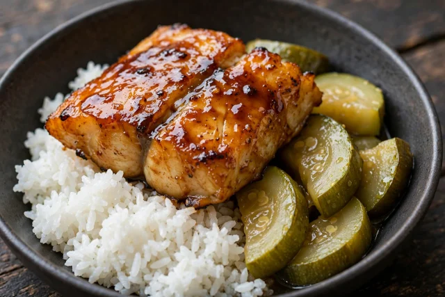 Miso glazed cod with white rice and simmered zucchini