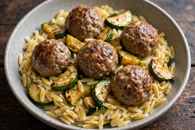 Turkey meatballs with buttered orzo and zucchini