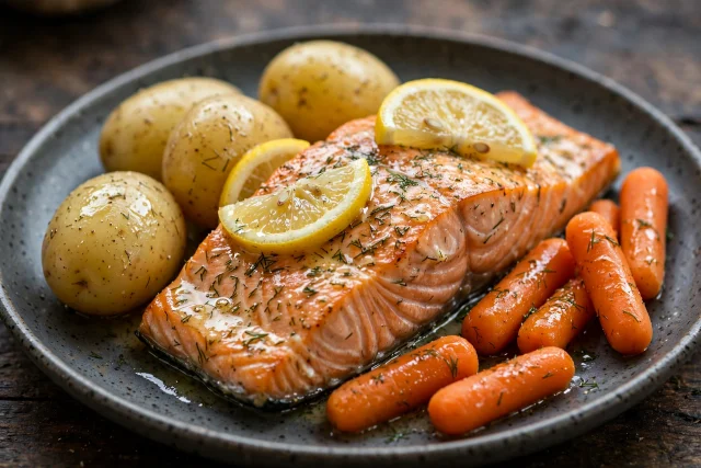 Lemon dill salmon with boiled potatoes and carrots