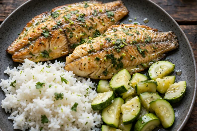 Cilantro lime tilapia with white rice and steamed zucchini