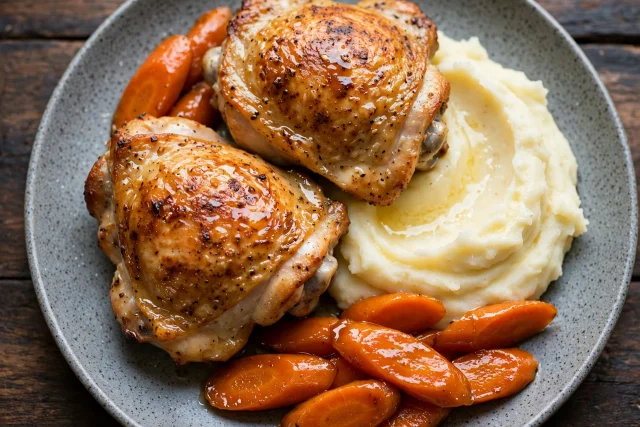 Roasted chicken thighs with mashed potatoes and glazed carrots