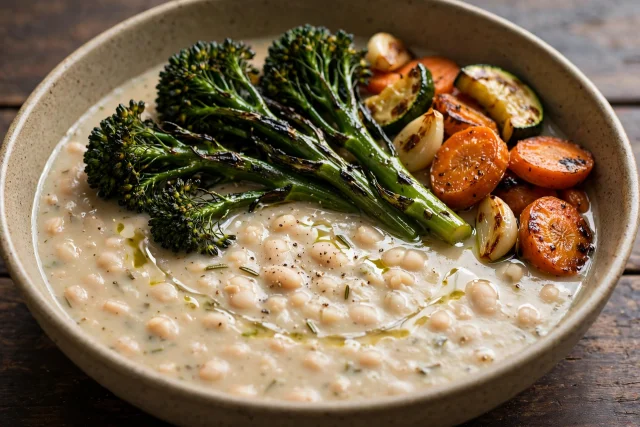 White bean rosemary soup with charred broccolini