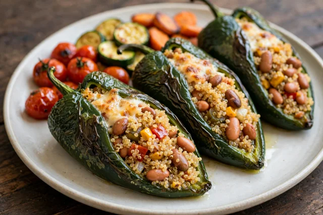 Stuffed poblano peppers filled with quinoa and pinto beans