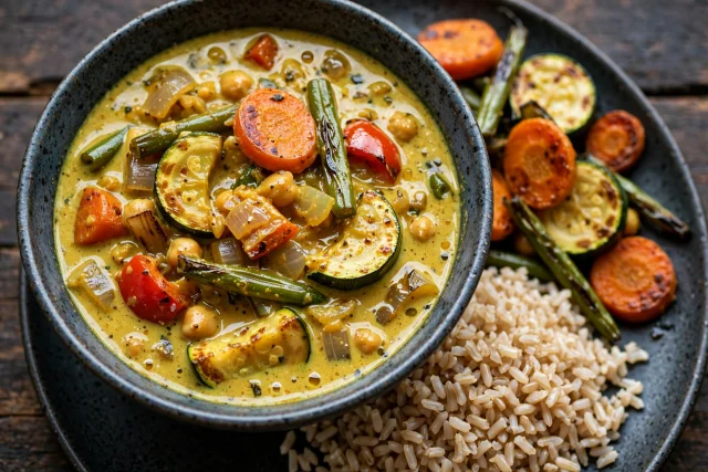 Coconut curry vegetable stew beside a scoop of brown rice