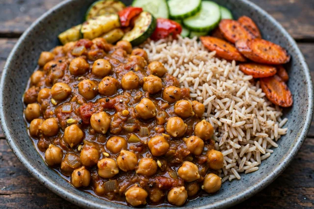 Chana masala and brown basmati rice on a plate