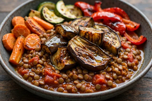 Roasted eggplant over lentil tomato stew