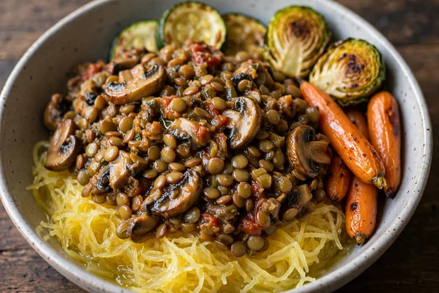 Lentil mushroom ragu spooned over spaghetti squash