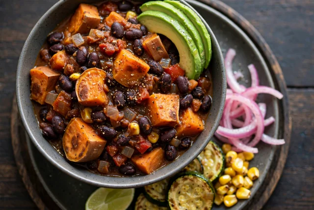 Sweet potato black bean chili topped with avocado
