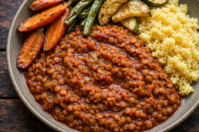 Berbere lentil stew with millet and roasted carrots