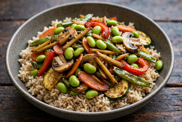 Edamame stir fry over brown rice with sesame