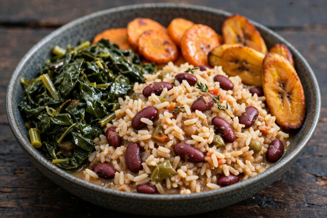 Jamaican rice and peas with callaloo greens