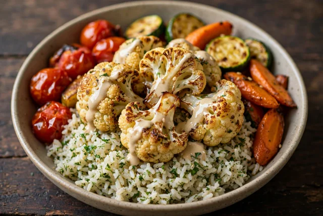 Roasted cauliflower with tahini over herbed rice
