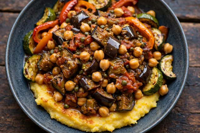Eggplant caponata with chickpeas on creamy polenta