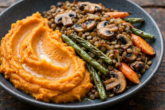 Lentil mushroom skillet bake with sweet potato mash