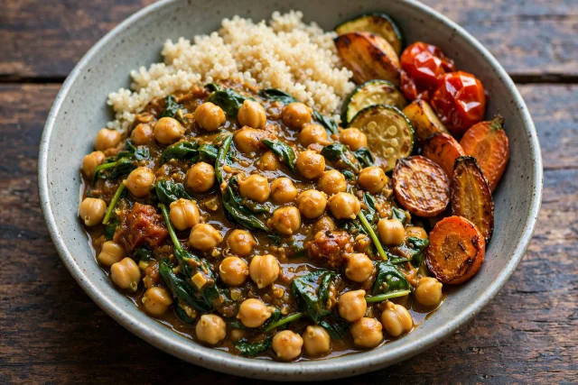Chickpea spinach curry with quinoa in a bowl