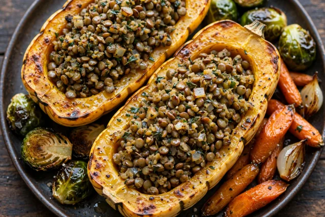 Delicata squash halves filled with lentil herb stuffing