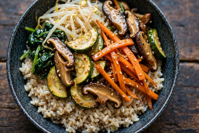 Korean sesame vegetable bowl on brown rice