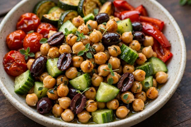Chickpea cucumber olive salad with oregano