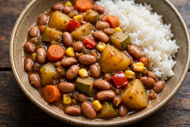 Peruvian bean stew with rice and vegetables