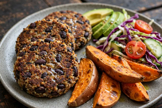Black bean quinoa patties with sweet potato wedges