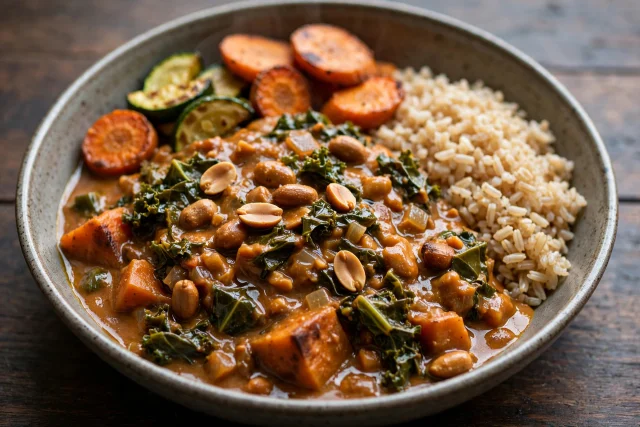 African peanut stew with greens and brown rice