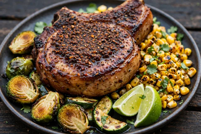 Smoky ancho pork chop with charred corn and cilantro salsa