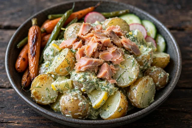 Lemon dill potato salad topped with flaked smoked trout