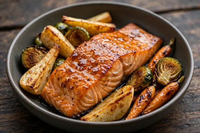 Maple glazed salmon fillet with roasted parsnip wedges