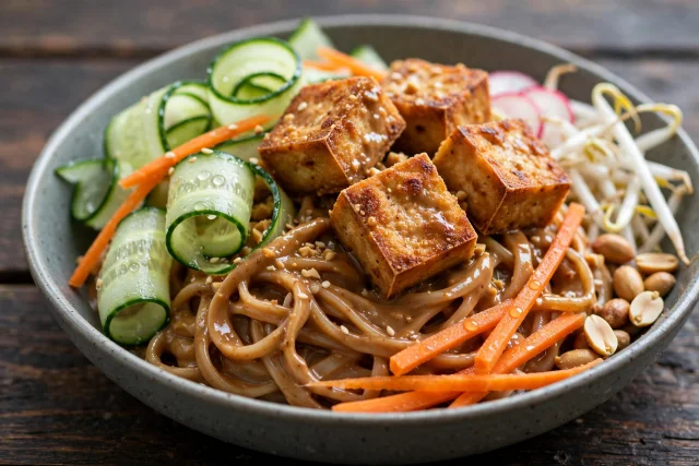 Peanut rice noodle salad with crispy tofu, cucumber ribbons and carrot matchsticks