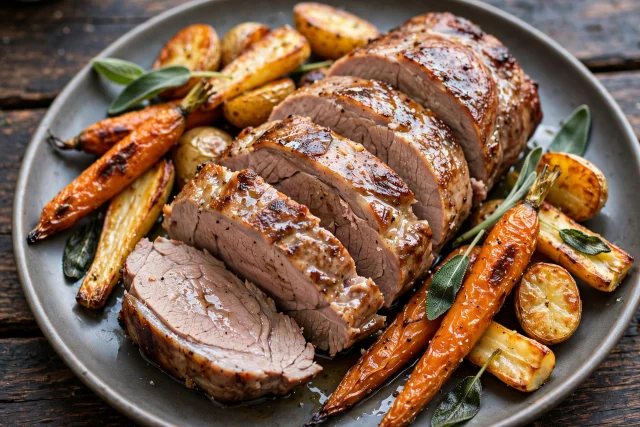 Slow roasted pork tenderloin with fresh sage and roasted root vegetables
