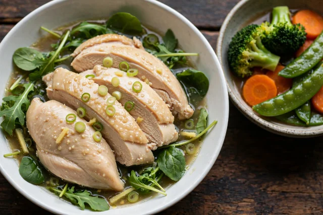 Ginger poached chicken slices over baby greens