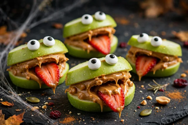 Monster apple bites with peanut butter and candy eyes