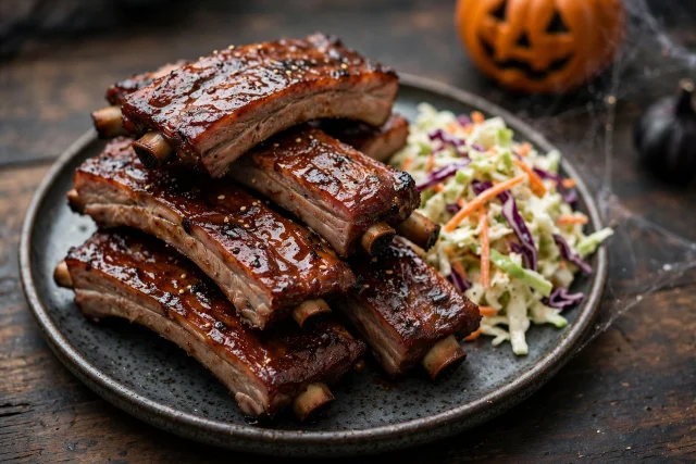 Rib cage BBQ ribs glazed and stacked with coleslaw