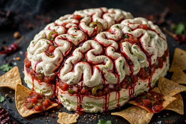 Zombie brain dip with tortilla chips