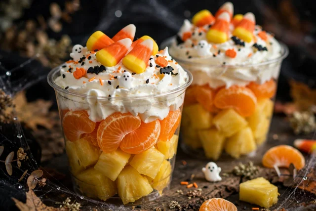 Candy corn fruit cups with pineapple and mandarin