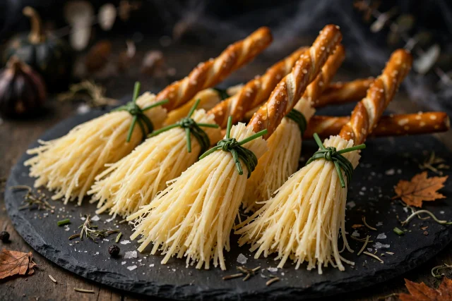 Cheese broomsticks with pretzel handles and chive ties