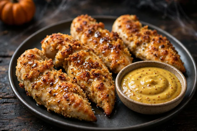 Crispy skeleton chicken strips with golden breading and dip