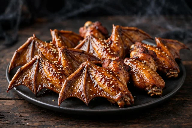 Glazed bat wing chicken wings with sesame seeds on a dark platter