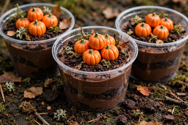 Pumpkin patch dirt cups with oreo dirt and candy pumpkins