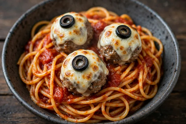 Eyeball meatballs with mozzarella discs and olive pupils