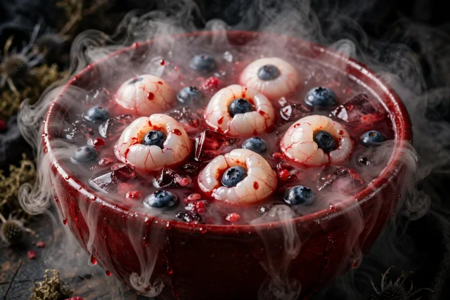 Bloody eyeball punch with lychee eyeballs