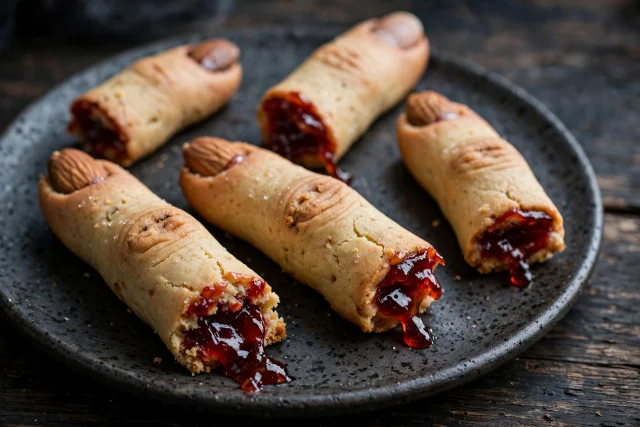 Severed finger sugar cookies with jam and almond nails