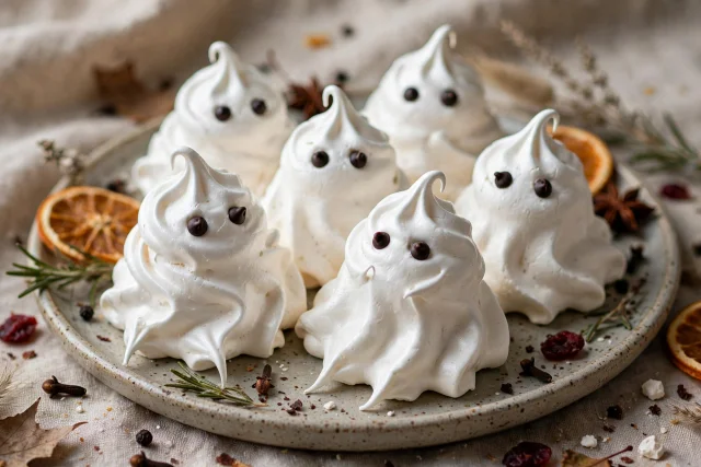 Ghost meringue cookies with chocolate eyes