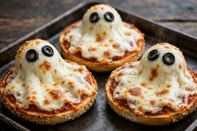 Ghost pizza bagels with mozzarella ghosts and olive eyes